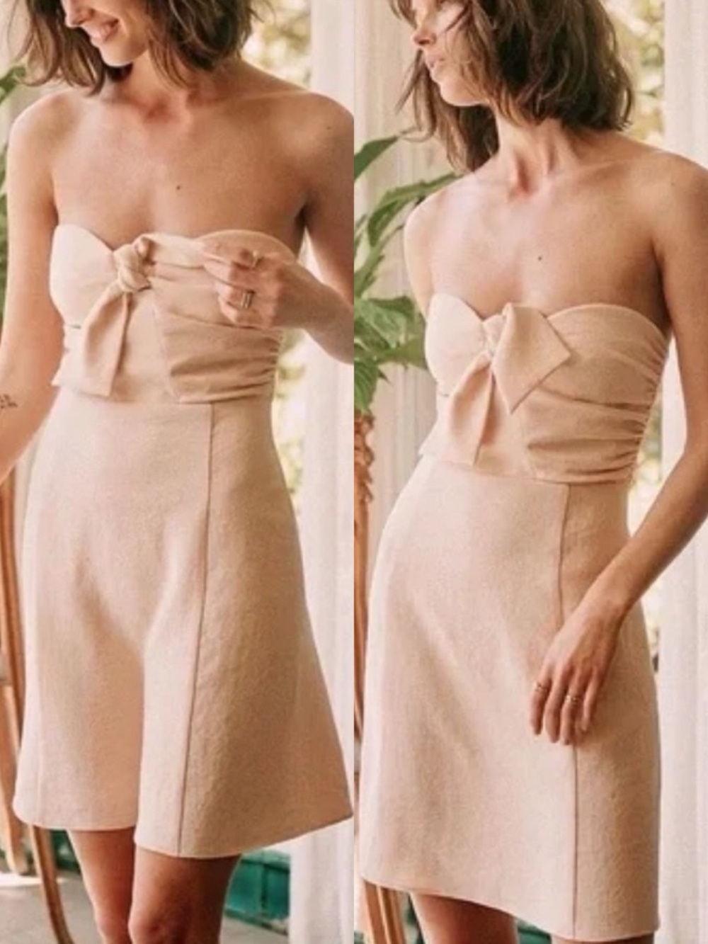 Sezane Ondine Dress Nude Cream Bow Front Mini Size 38 French / US Size 6 Minimal